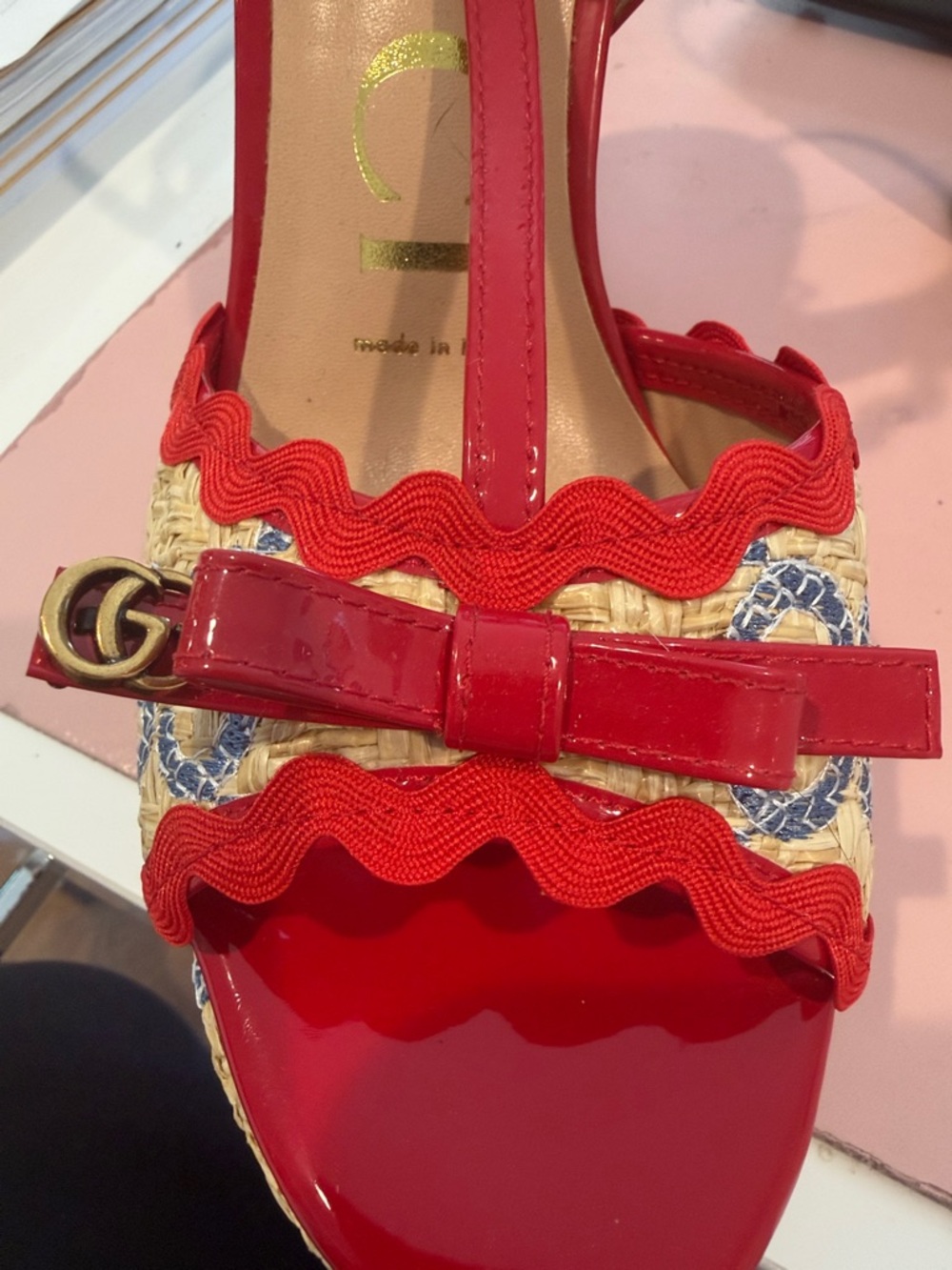 Gucci Red Patent & Woven Platform Slingback Heels - Picture 3 of 7